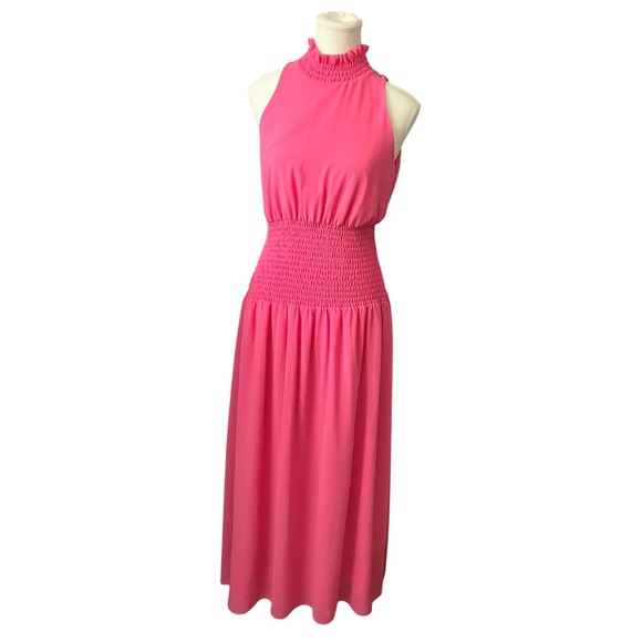 Alexa Admor Pink‎ Halter Maxi Dress Smocked Waist Ruffle Neck Sleeveless Size 4